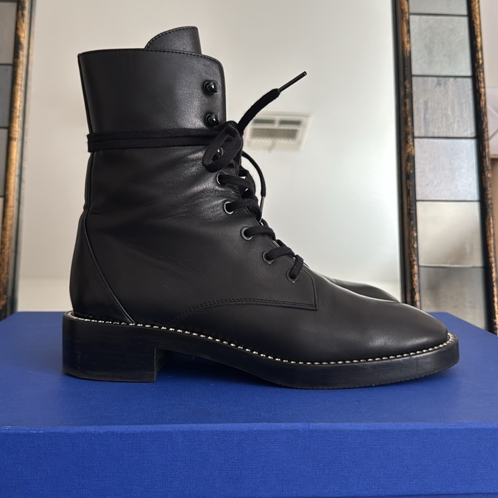 Stuart Weitzman Sondra Smooth Black Leather Combat Boots